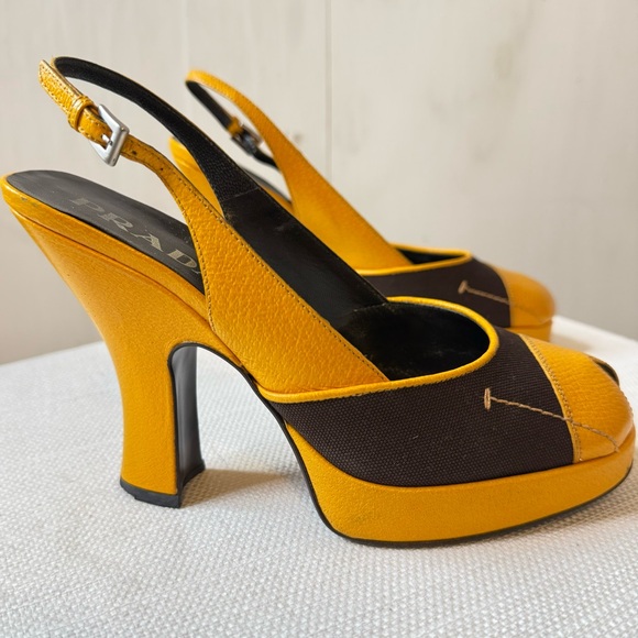 PRADA Brown & Mustard Yellow Leather Textile Heels 8.5 - Picture 5 of 16